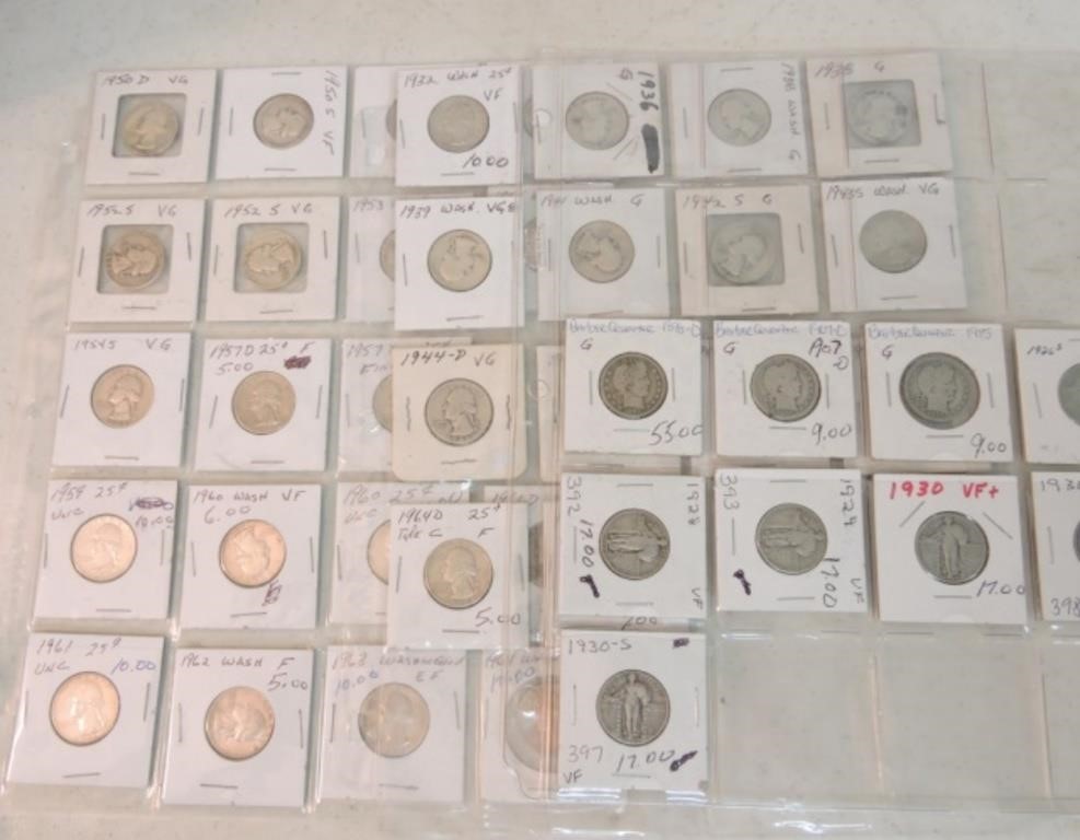 Lot of silver quarters: 3 Barber, 6 Standing