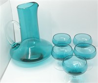 MCM SCANDINAVIAN AQUA BLUE GLASS DECANTER & CUPS