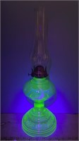 Antique Plume Pattern Uranium Glass Oil Lamp