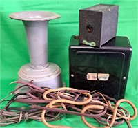 VINTAGE ELECTRIC SIREN & BLACK BOX & OLD CAMERA