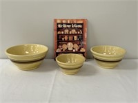 3 Yelloware Brown Banded Mixing Bowls & Book