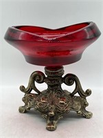Vintage Ruby Red Glass and Iron Ashtray