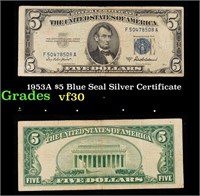 1953A $5 Blue Seal Silver Certificate Grades vf++