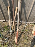 Bulb auger, walk stick, pruners