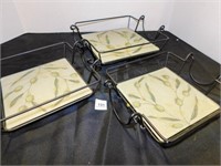 3 metal trays with glass trivets and handles
