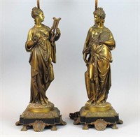 PAIR BRONZE CLASSICAL FIGURES FITTED AS LAMPS