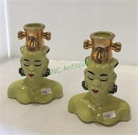 Vintage head lady bud vases ceramic with paint