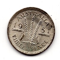 1951 Australia Threepence Silver Coin