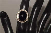 Sterling Ring w/ Onyx   Marked P  Sz 11-1/4