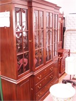 Ethan Allen cherry two-piece lighted hutch with