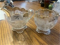 GOLD RIMMED PATRERN GLASS CREAMER AND SUGAR