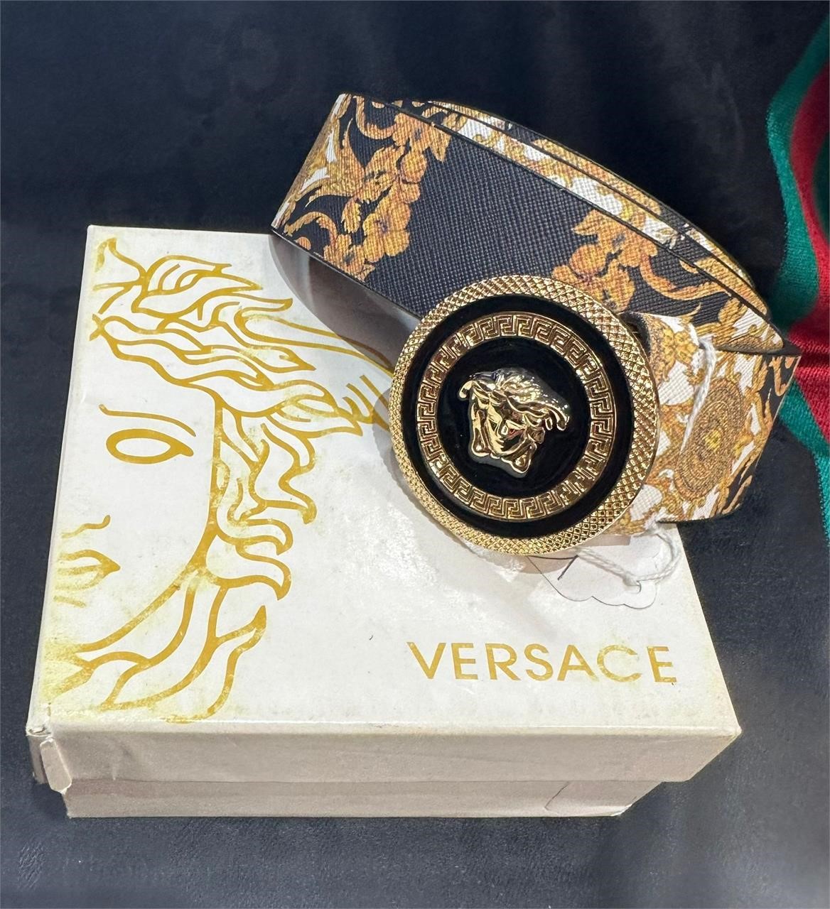 VERSACE unisex classic black gold and white belt