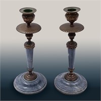 Pair Of Stone Carved Brass Candle Holders