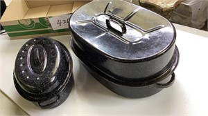 Two enamel roasting pans, and 17 inch and 12 inch