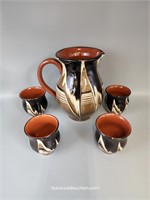 Beautiful Glazed Red Clay Pitcher 7 3/4"H & 4 Glas