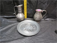 3 Pieces of Fine Pewter (2 Pitchers & 1 Plate)