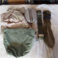 Camo jacket nwt, mess kit, belts & bag
