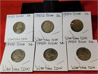 (6) 1943 D Wartime Silver Nickels