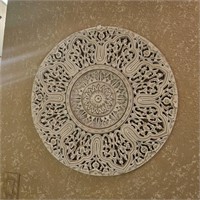 White Wash Mandala Wood Carving Wall Panel 26"
