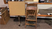 Antique drawing board & 2  wooden folding chairs