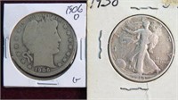 1906 (O) BARBER, 1938 P WALKING LIB 1/2 DOLLAR 90%