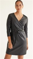 Women's 3/4-Sleeve Wrap Faux Leather Dress-L