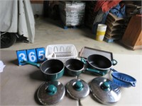 GROUP OF KITCHWARE, POTS, STRAINER, EXT