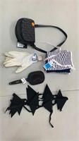 Purse, gloves, brush, towels, and flag decor