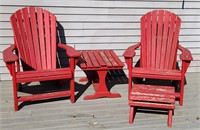 Pair of Wood Adirondack Chairs, Table & Foot Rest