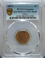 1873 Indian cent PCGS unc detail spot removed,