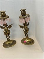 Pair of Antique Brass Cherub Candle Holders