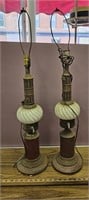 Pair of Antique Metal and Milk Glass Lamps- As