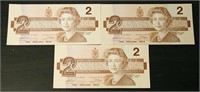 Lot of 3 Consecutive 1986 Bank of Canada $2 Bank N