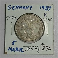 1936-E   German  5 Mark   XF  .4016 asw.