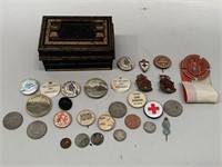 Misc lot inc Cash tin, badges & coins