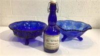 2 Cobalt Blue Dishes & Bottle M9C