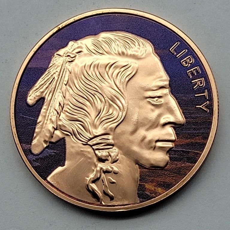 PAINTED 1 OZ COPPER ROUND BUFFALO INDIAN HEAD