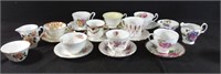 9 assorted teacups and saucers with two sets of