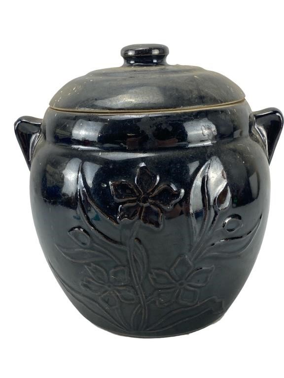 Brown Glazed Cookie Jar Container with Flowers