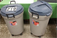 Pair of Rubbermaid Trash Cans On Wheels