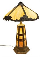 AMERICAN SLAG GLASS & PATINATED METAL TABLE LAMP