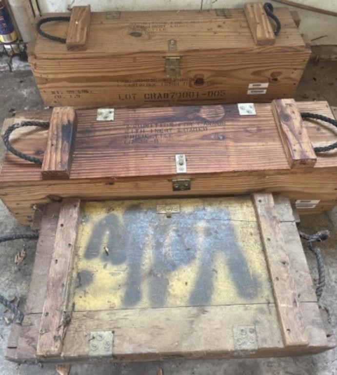 3 wooden ammunition crates and contents