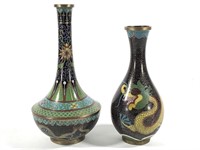 2 Vtg Chinese Cloisonne on Brass Vases w Dragons