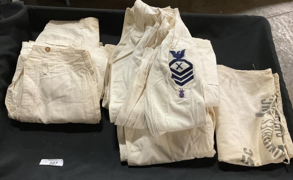 Pair of Navy Uniforms, Adv Reading Laundry Bag.