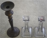 (3) Candlesticks: Brass 10.5"t + Pair Glass