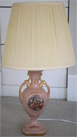 Vtg Ceramic Pink Gilt Table Lamp w/ Victorian