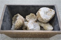 Wooden Antiqued Box w/ Small Geode Collection