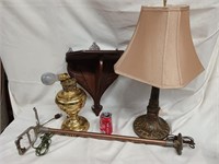 Lot - Brass Rayo style Lamp, Victorian walnut