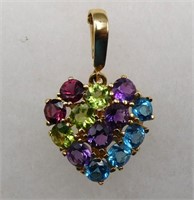 14k Gold Multi Color Gemstone Heart Pendant
