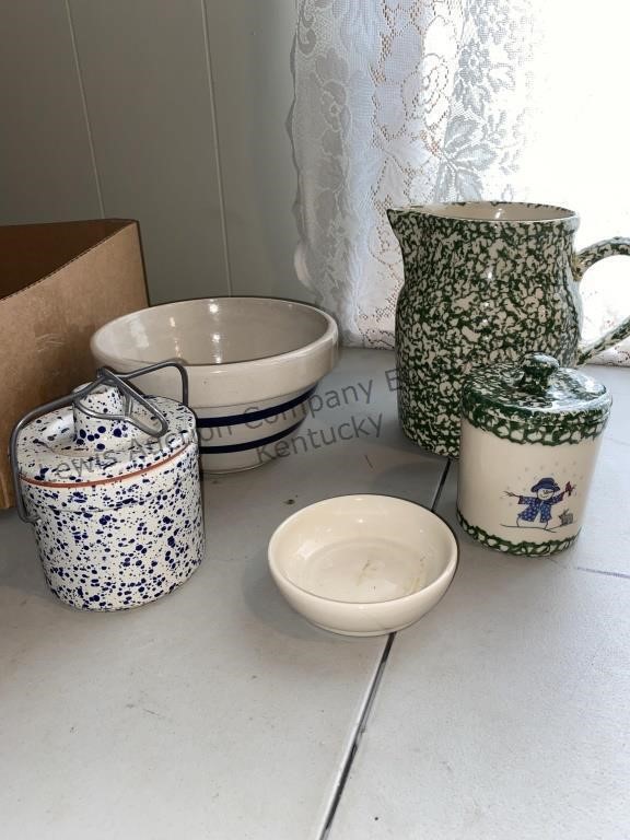 Assortment of stoneware canisters, bowl note the